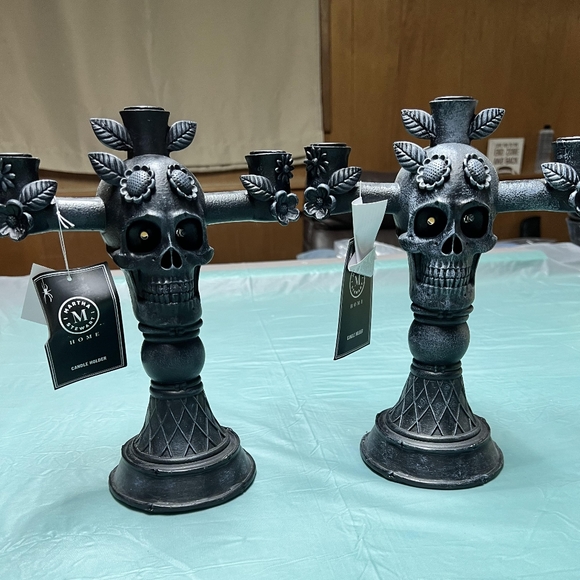 Skull With Flowers Candelabra With Light Halloween NWT set of 2